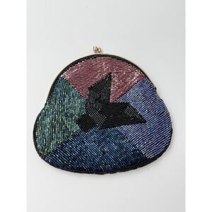 Vintage Hand Beaded Clutch Purse Kiss Lock Gold Tone Frame Evening Bag